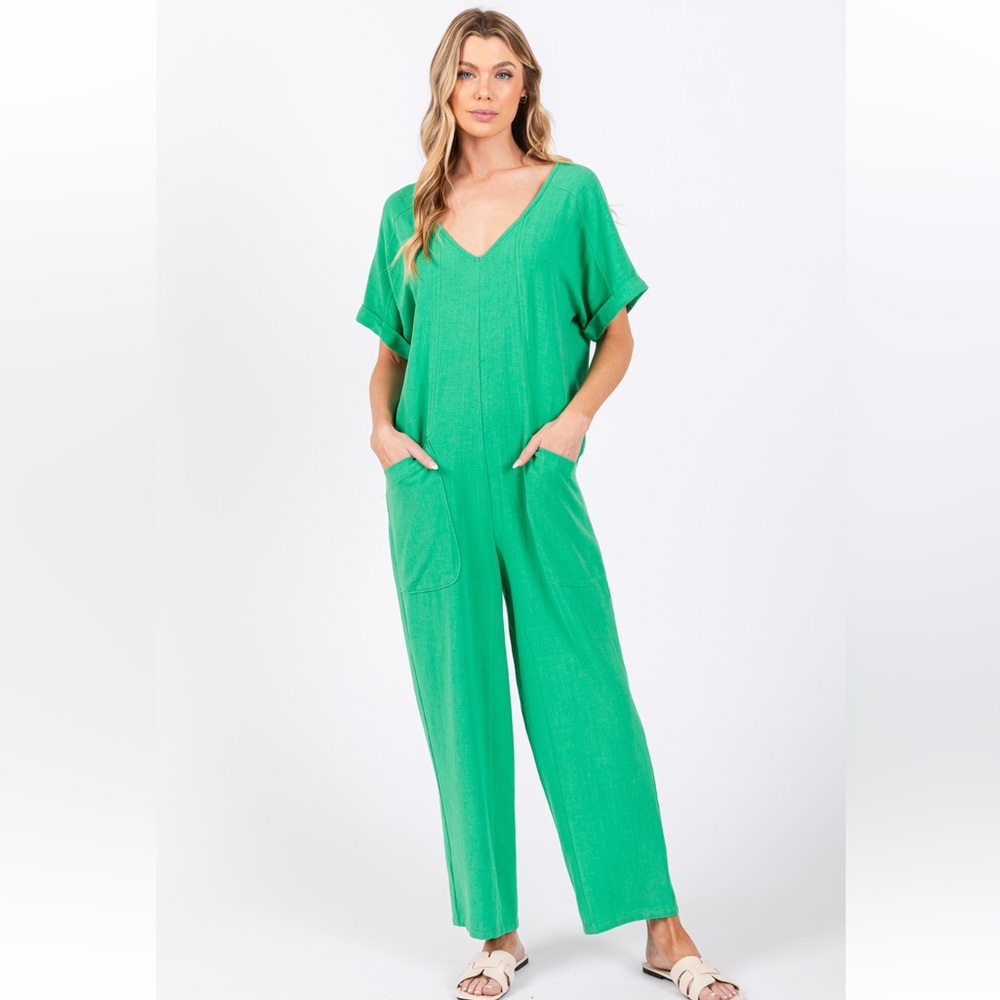 Solid Linen Short Sleeve V-neck Jumpsuit